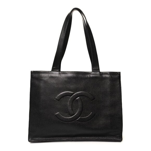 Authentic CHANEL Classic CC Caviar Logo Shoulder Tote Bag Black Leather Purse - Picture 1 of 13
